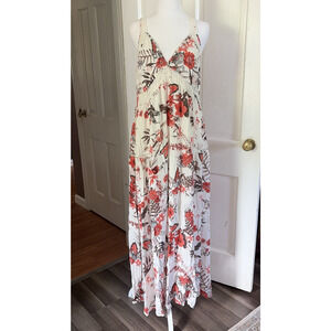 Womens Floral White/Orange Babydoll Maxi Dress S Crochet Cottagecore Hippie Boho